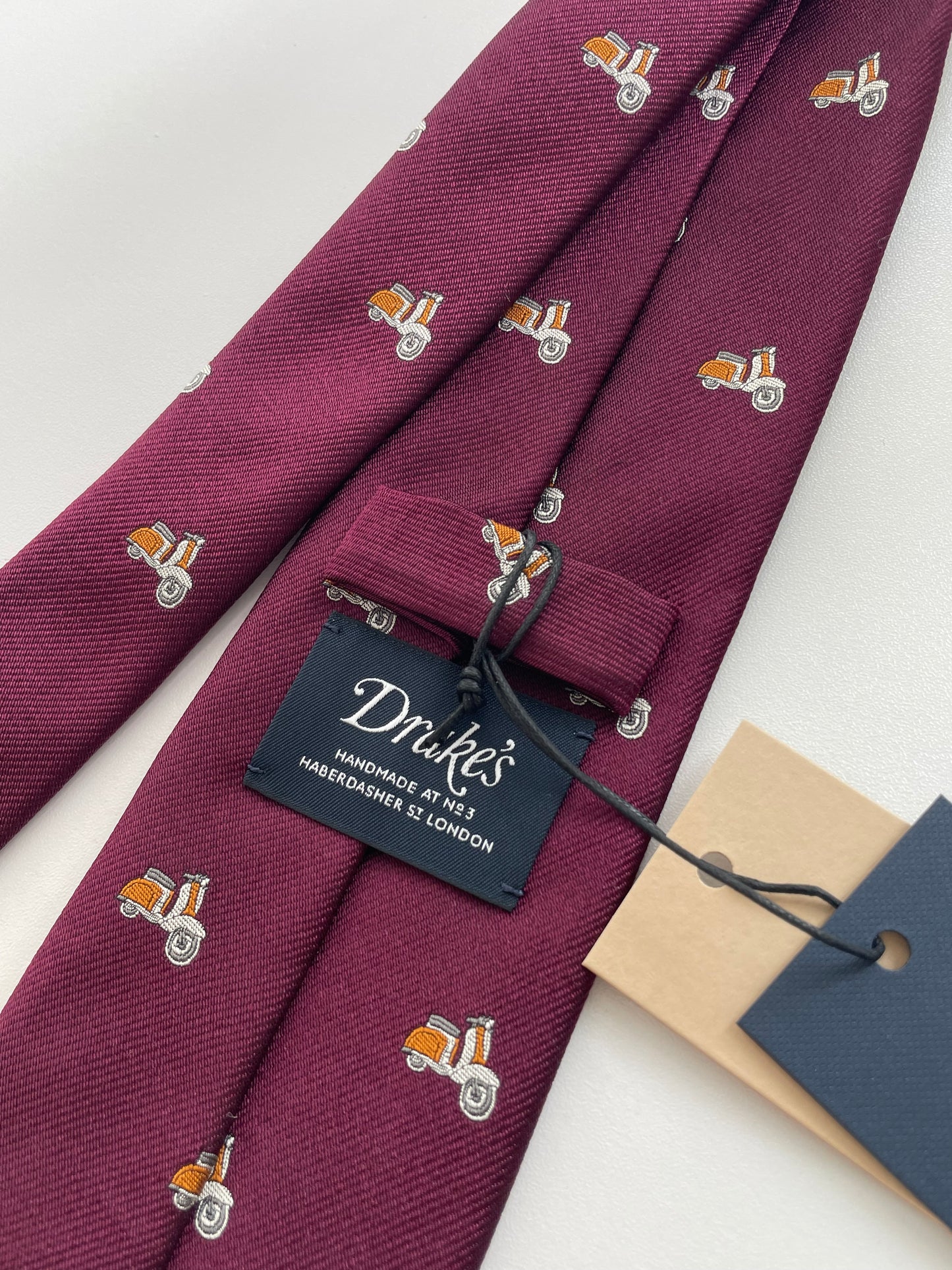Drakes Motor Motif Burgundy Silk Tie Handmade Tie Limited Edition