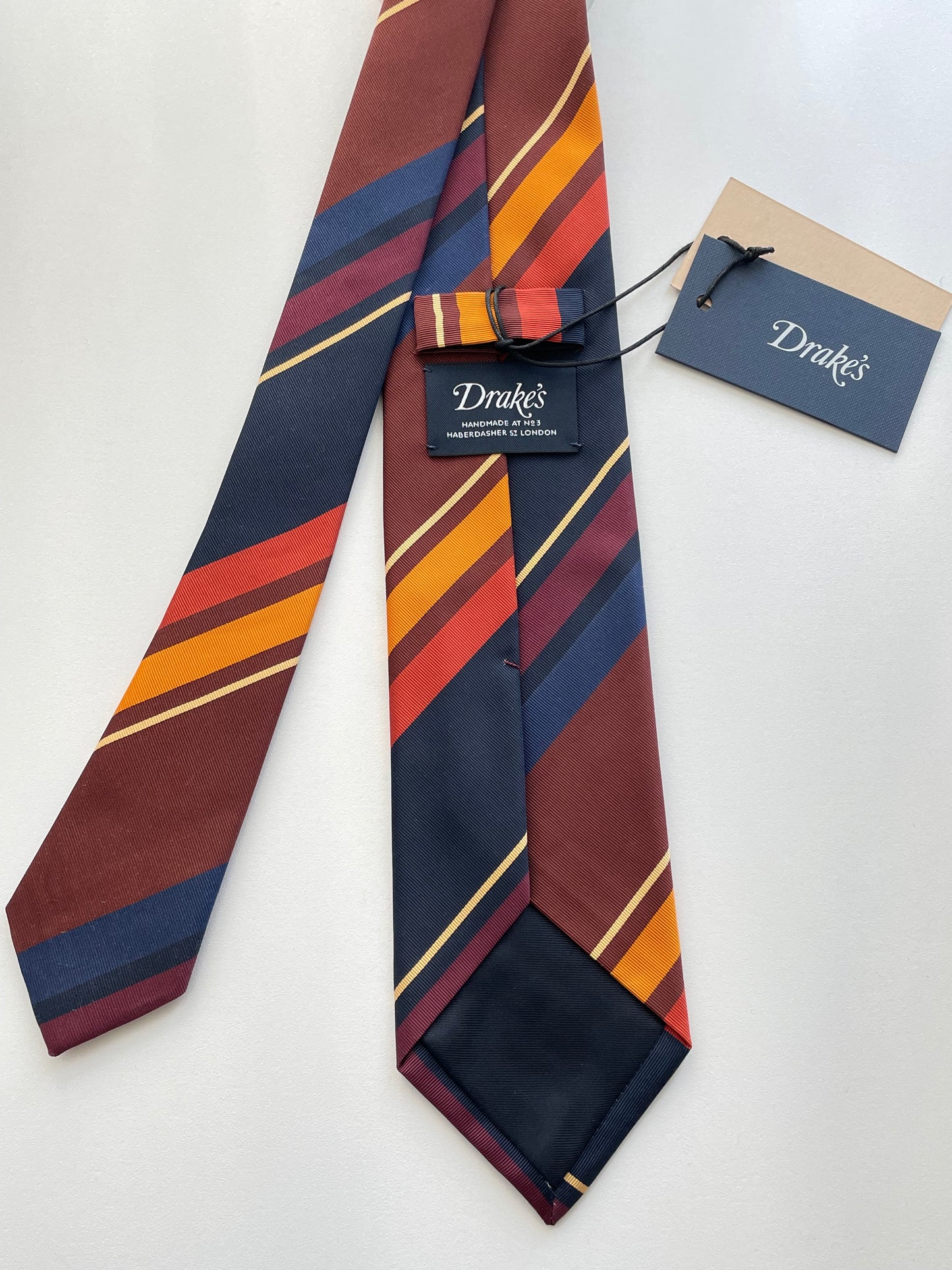 Drakes Handmade Striped Cotton Silk Tipped Tie With Tag