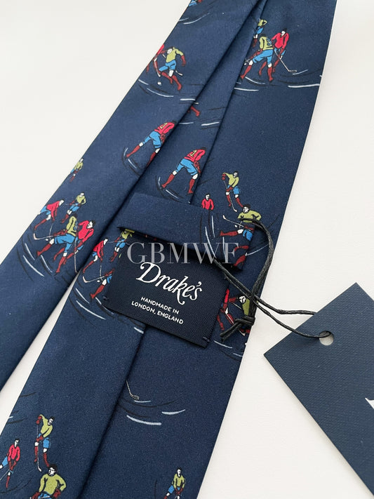 Limited Drakes Navy Handmade Silk Tie with Ice Hockey Motif Sports Collection