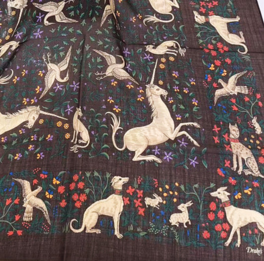 Drakes Brown Unicorn Print Wool-Silk Square Scarf 90*90cm