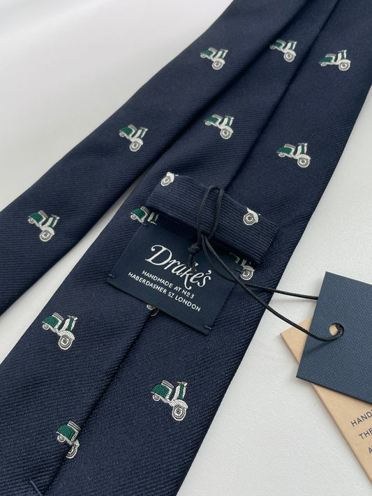 Drakes Motor Motif Navy Silk Tie Handmade Tie Limited Edition