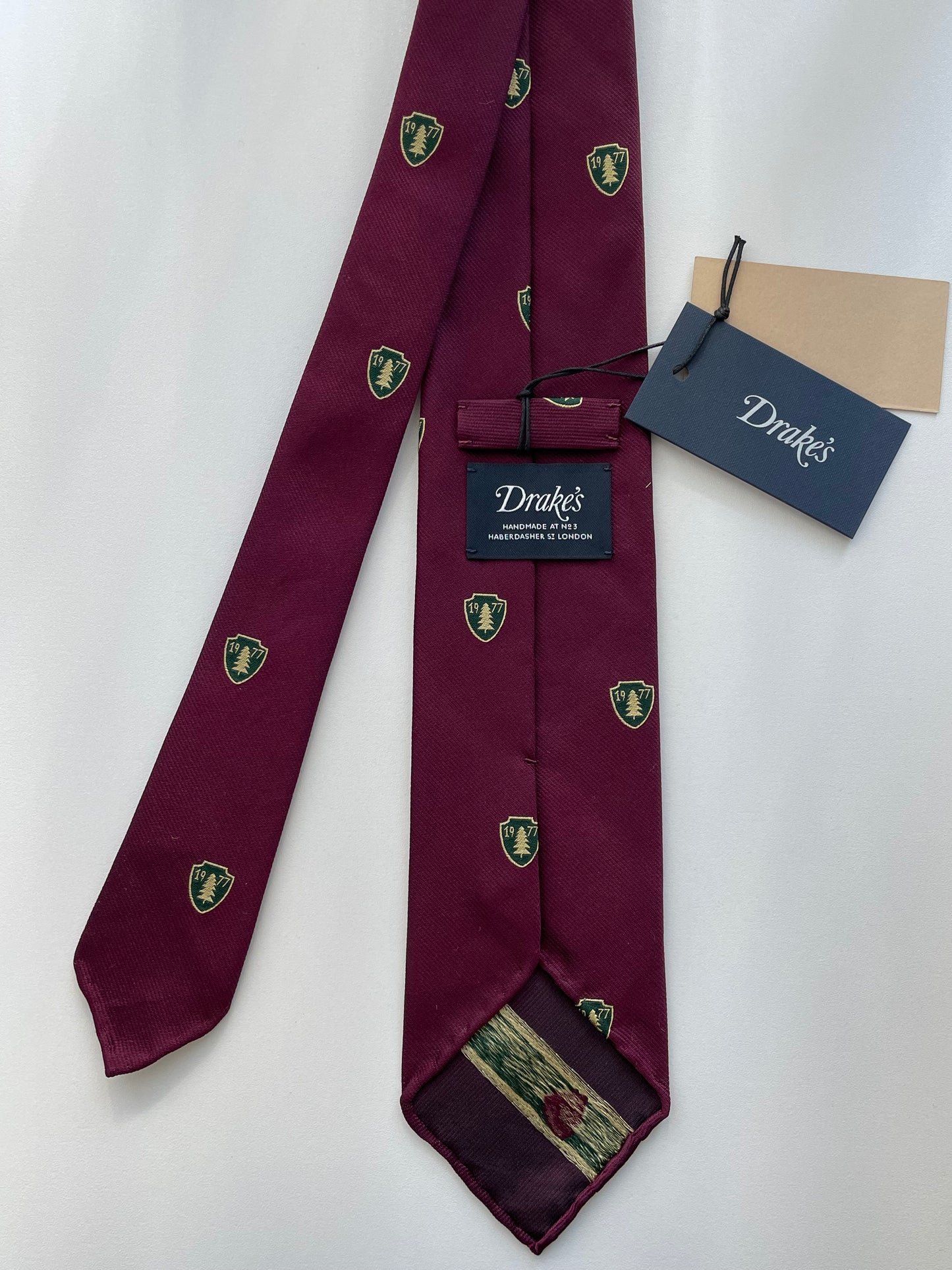 Drakes 1977 Pine Crest Silk Tie – Burgundy Regimental Style