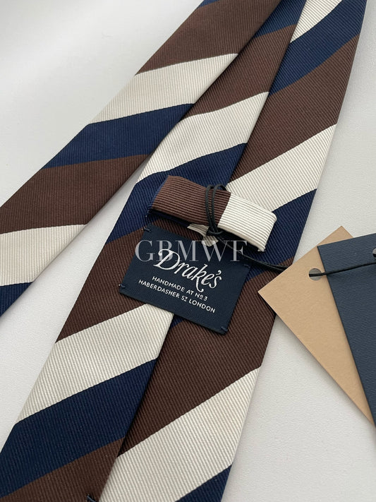 Drakes Handmade Striped Tipped Silk Tie With Tag