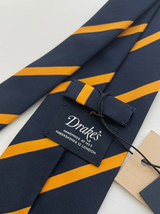 Drakes Handmade Striped Rolled Edge Cotton Silk Tie With Tag