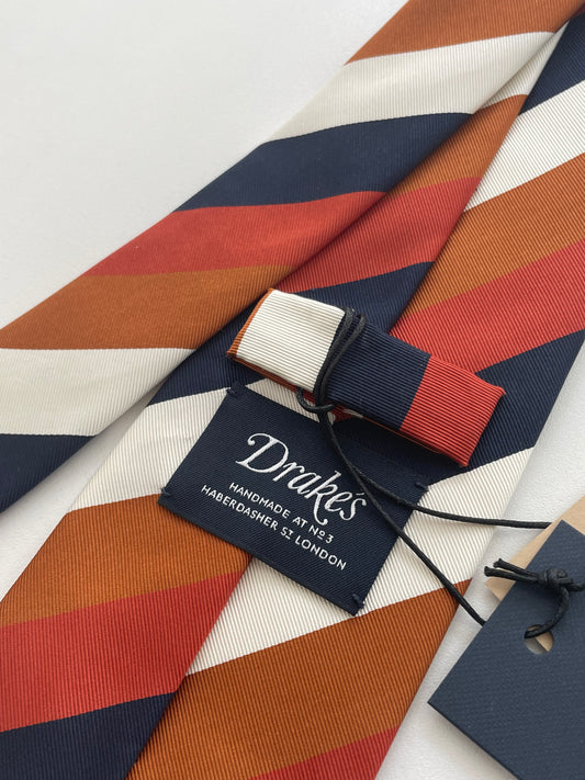 Drakes Handmade Striped Cotton Silk Tipped Tie With Tag