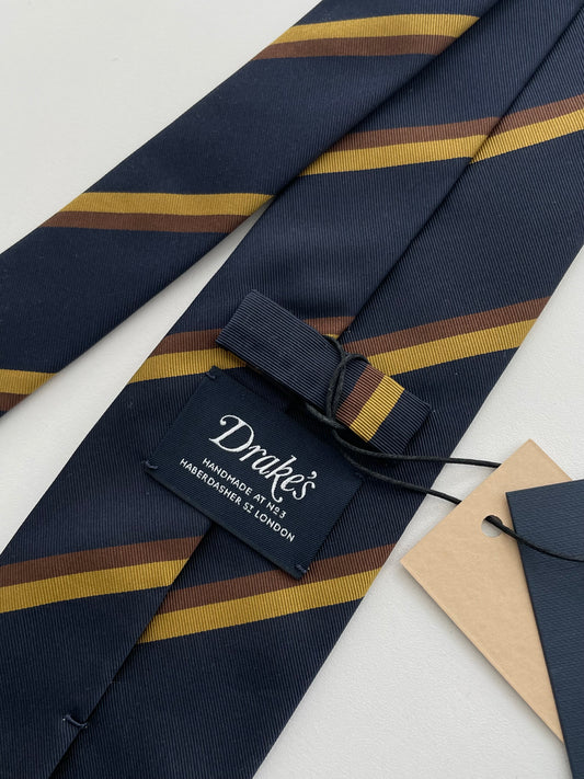 Drakes Handmade Striped Cotton Silk Tipped Tie With Tag
