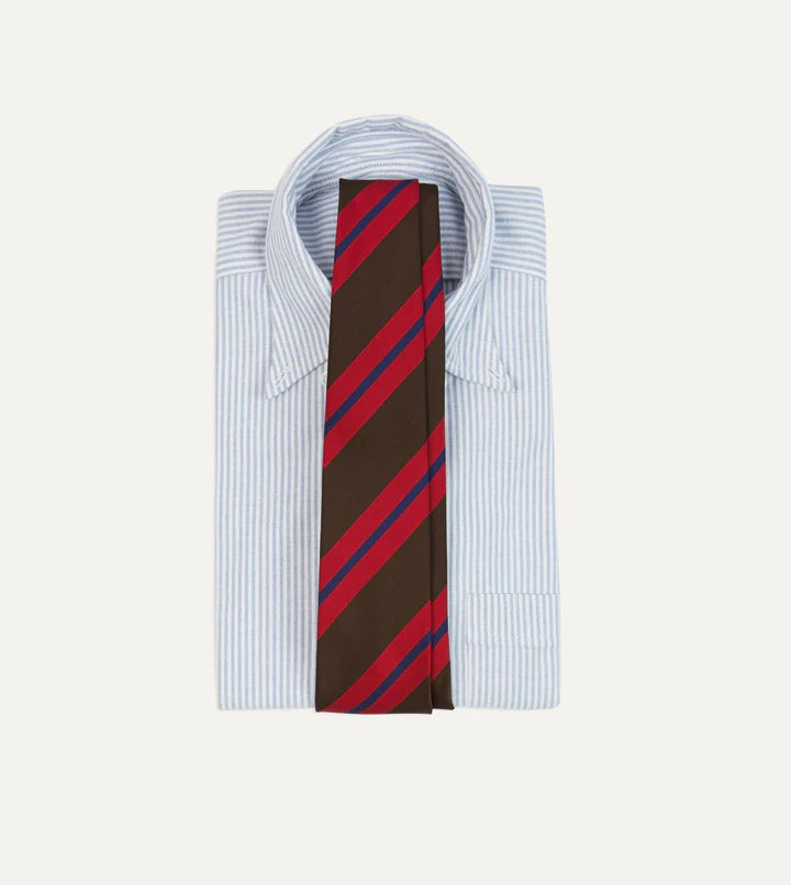 Drake's Brown and Red Stripe Mogador Handmade Silk Tie With Tag