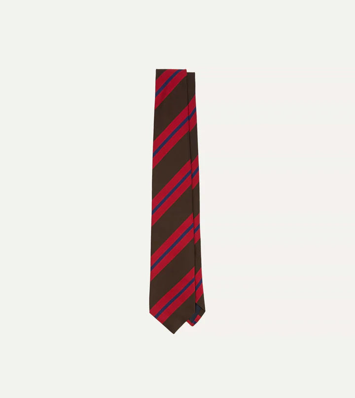 Drake's Brown and Red Stripe Mogador Handmade Silk Tie With Tag