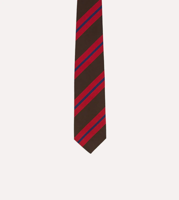 Drake's Brown and Red Stripe Mogador Handmade Silk Tie With Tag