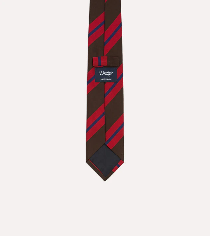 Drake's Brown and Red Stripe Mogador Handmade Silk Tie With Tag