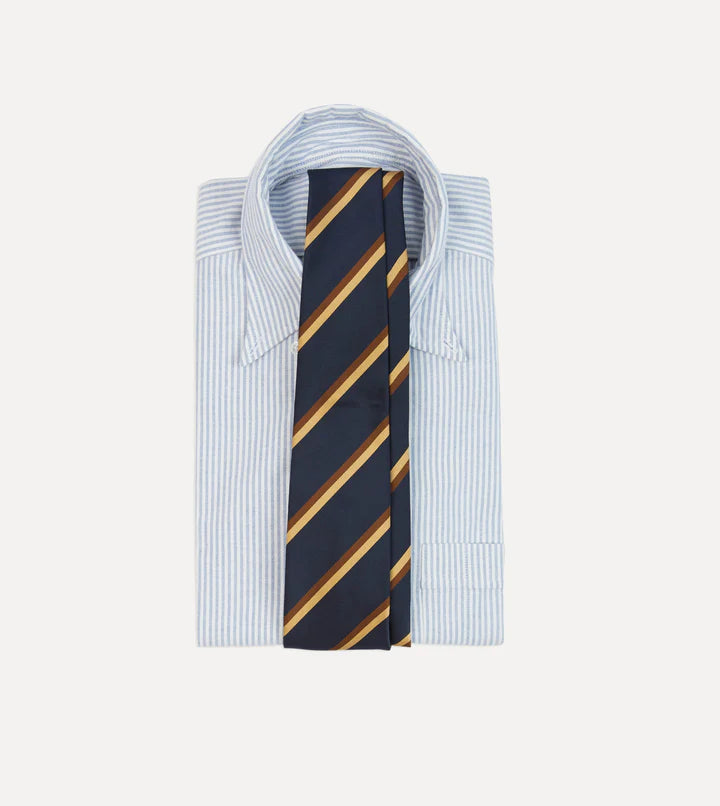 Drakes Navy, Gold and Brown Double Stripe Mogador Cotton Silk Tipped Tie With Tag