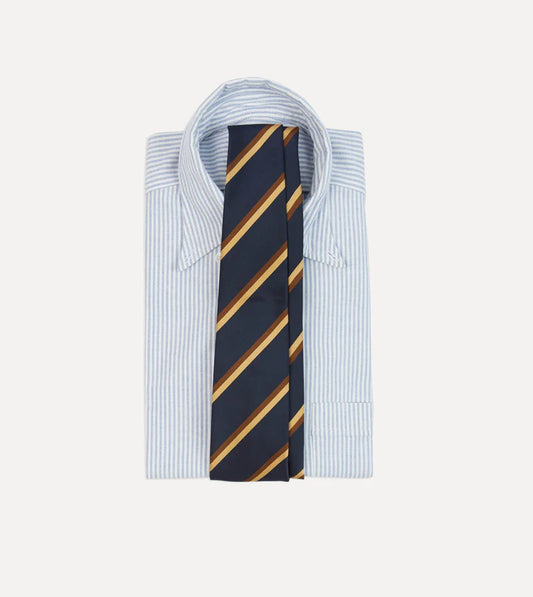 Drakes Navy, Gold and Brown Double Stripe Mogador Cotton Silk Tipped Tie With Tag