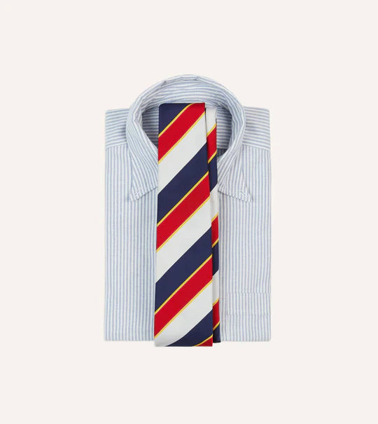 Drake's Navy, Red and White Block Stripe Repp Silk Tipped Tie