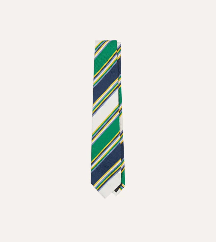 Drake's Navy, Green, Yellow and White Stripe Mogador Silk Tipped Tie