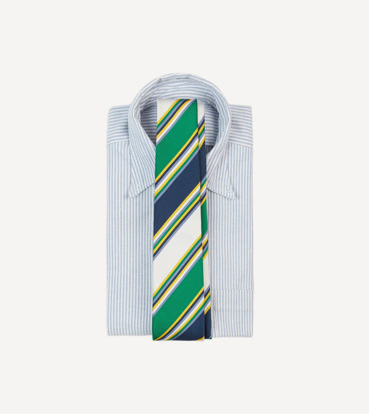 Drake's Navy, Green, Yellow and White Stripe Mogador Silk Tipped Tie