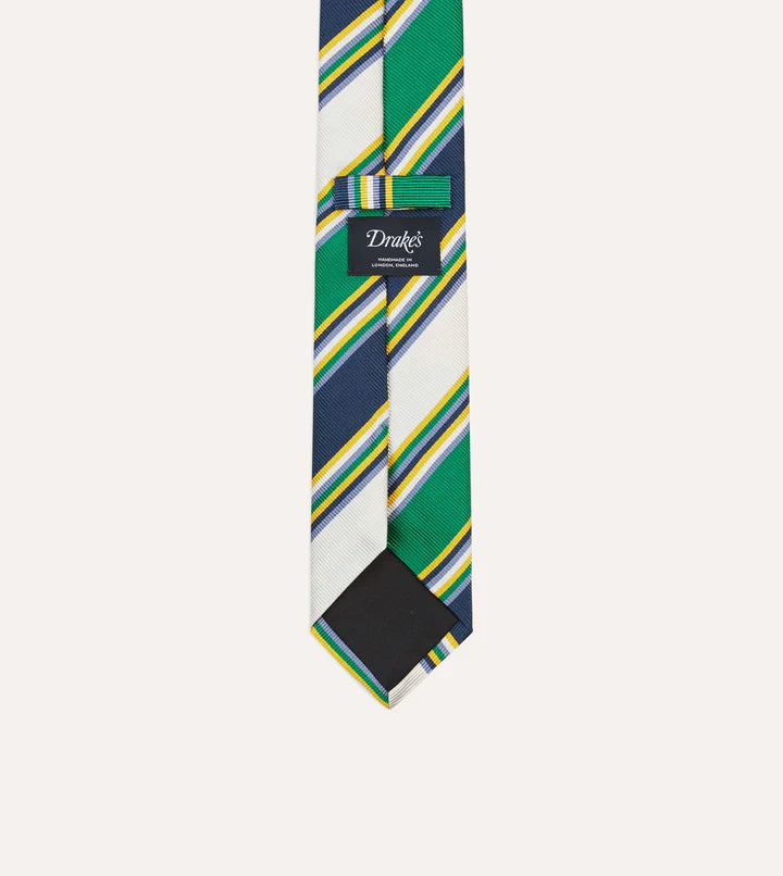 Drake's Navy, Green, Yellow and White Stripe Mogador Silk Tipped Tie