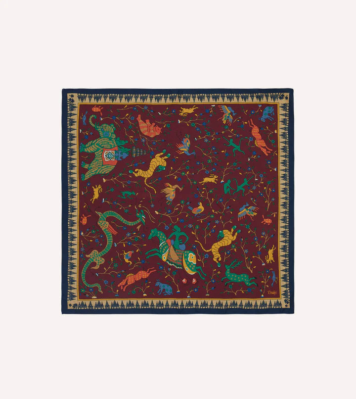 Drake's Red Mythical Animals Print Wool-Silk Bandana