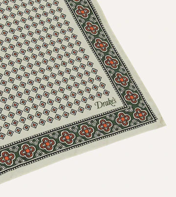 Drake's Ecru Vintage Tile Print Silk Pocket Square