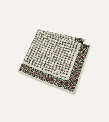 Drake's Ecru Vintage Tile Print Silk Pocket Square
