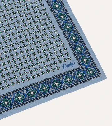 Drake's Blue Vintage Tile Print Silk Pocket Square