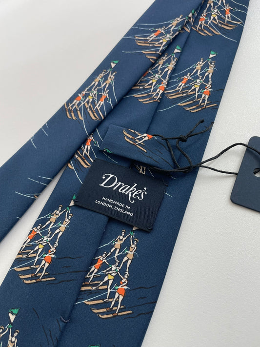 Drakes Human Pyramid Waterskiing Motif Handmade Tie Limited Edition