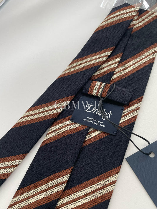 Drakes Handmade Striped Tipped Silk Tie With Tag