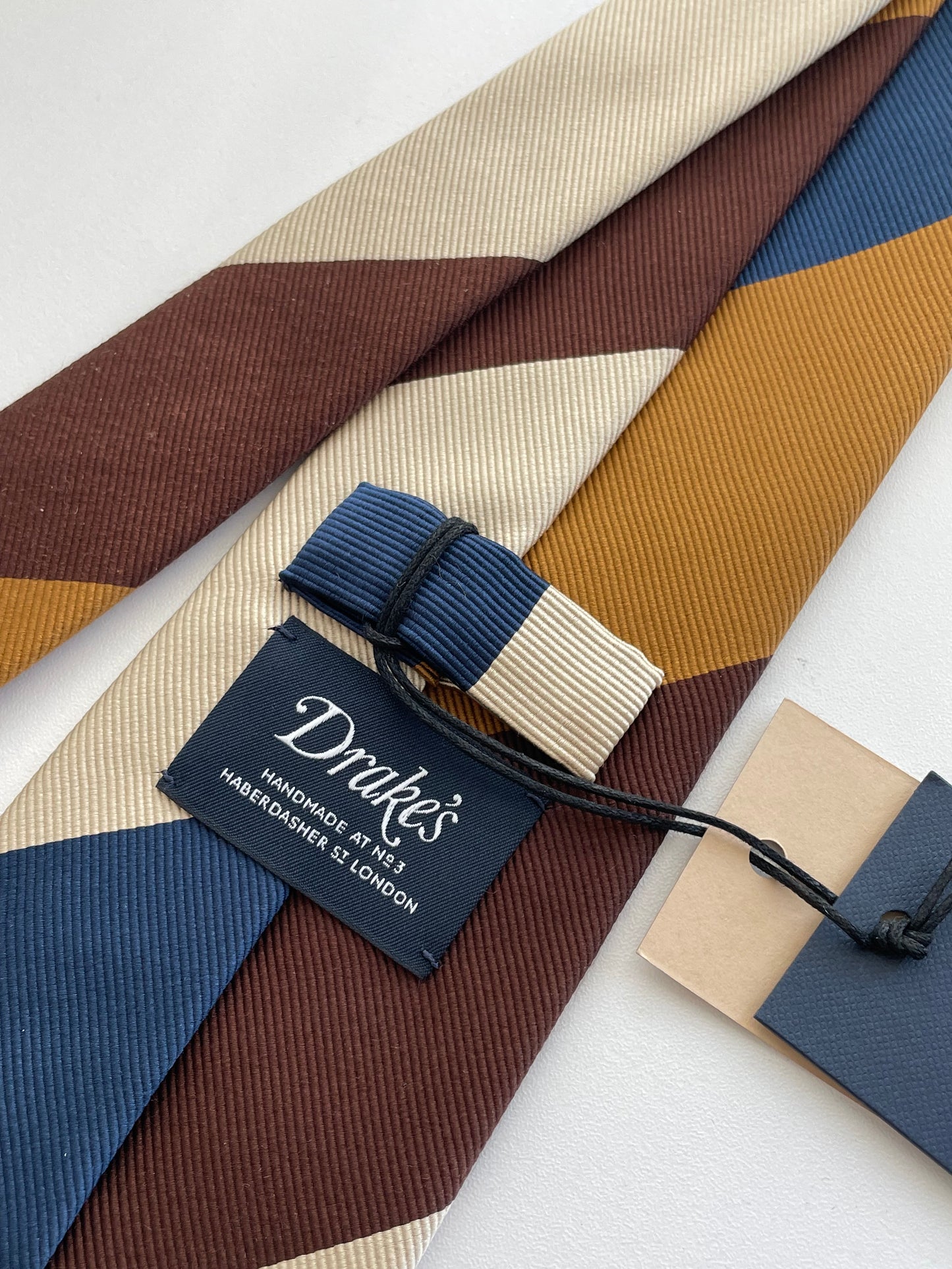 Drakes Handmade Striped Tipped Silk Tie With Tag