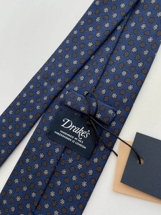 Drakes Flower Motif Rolled-edge Handmade Silk Tie With Tag
