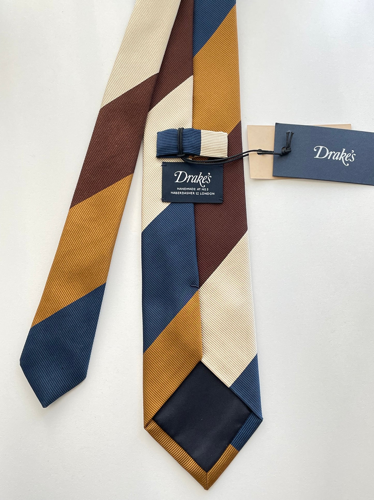 Drakes Handmade Striped Tipped Silk Tie With Tag