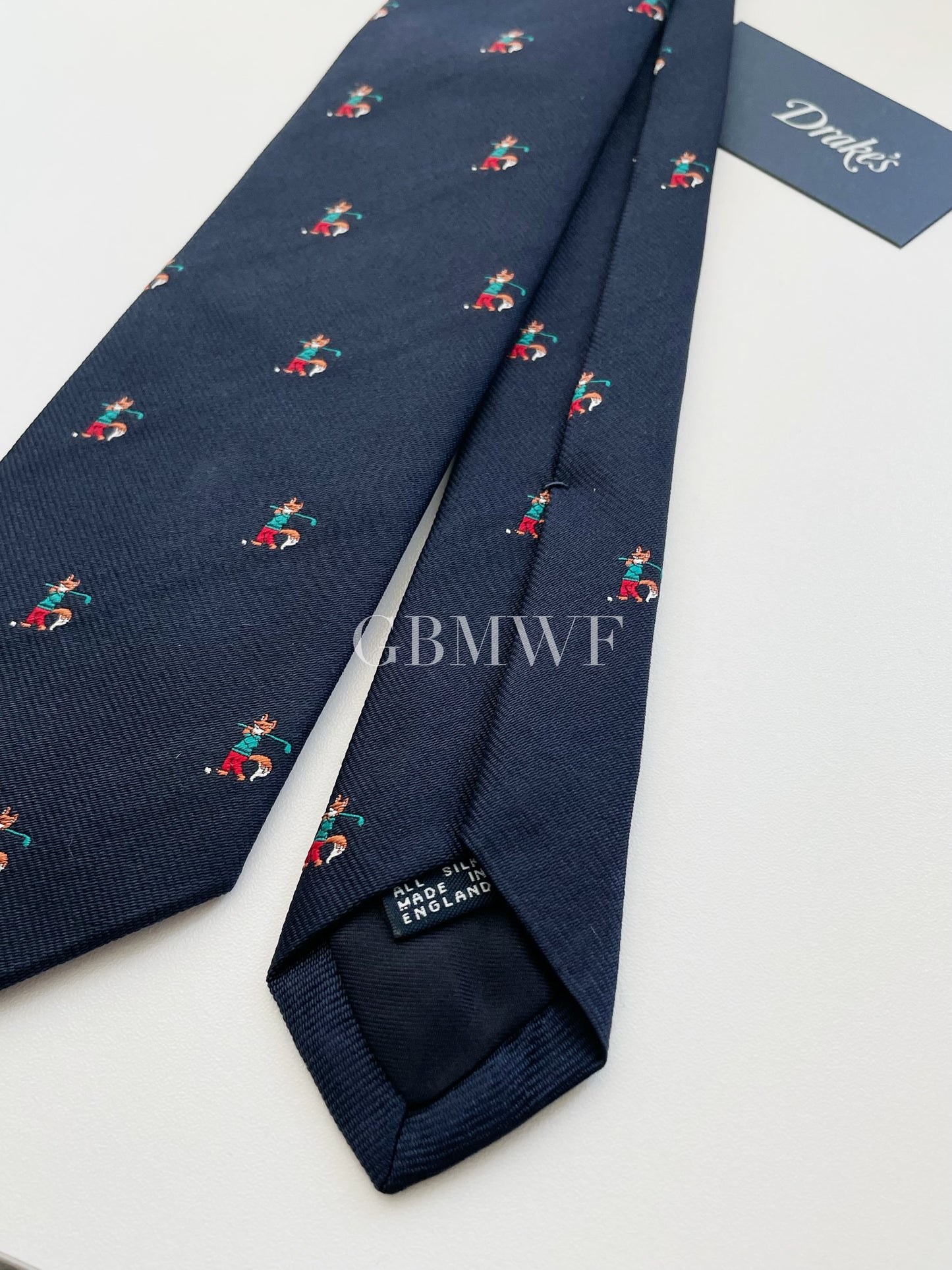 Drakes Handmade Tipped Silk Tie With Tag Golf Fox Limited Edition
