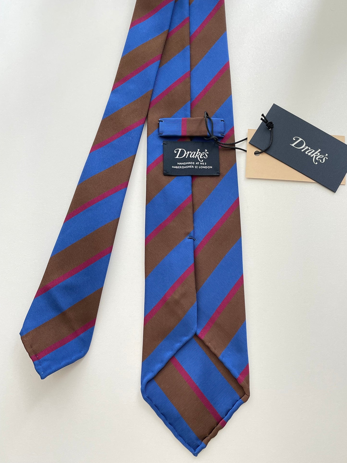 Drakes Handmade Striped Rolled Edge Cotton Silk Tie With Tag