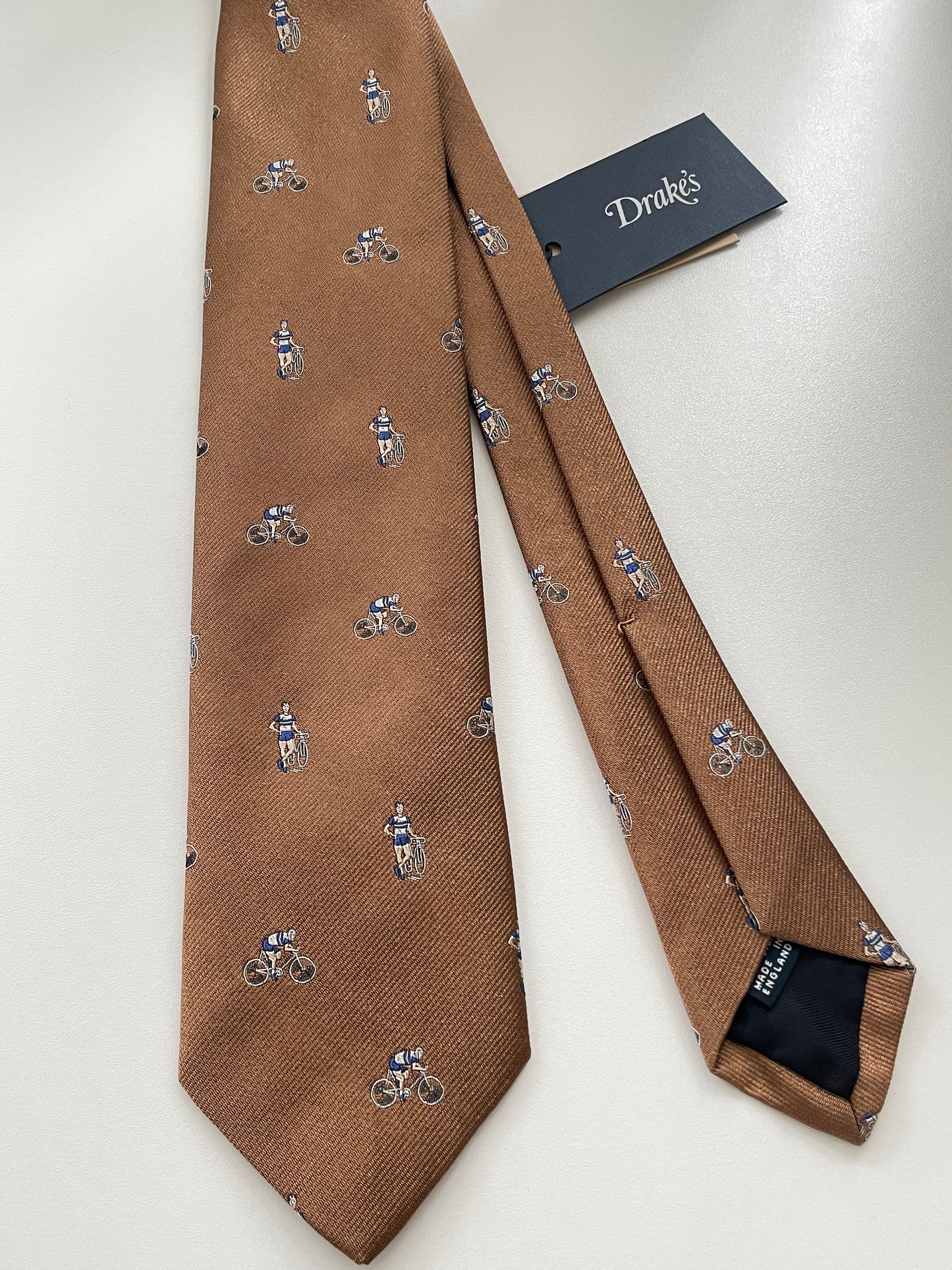 Limited Drakes Brown Tipped Silk Tie with Bike Cycling Motif Sports Collection
