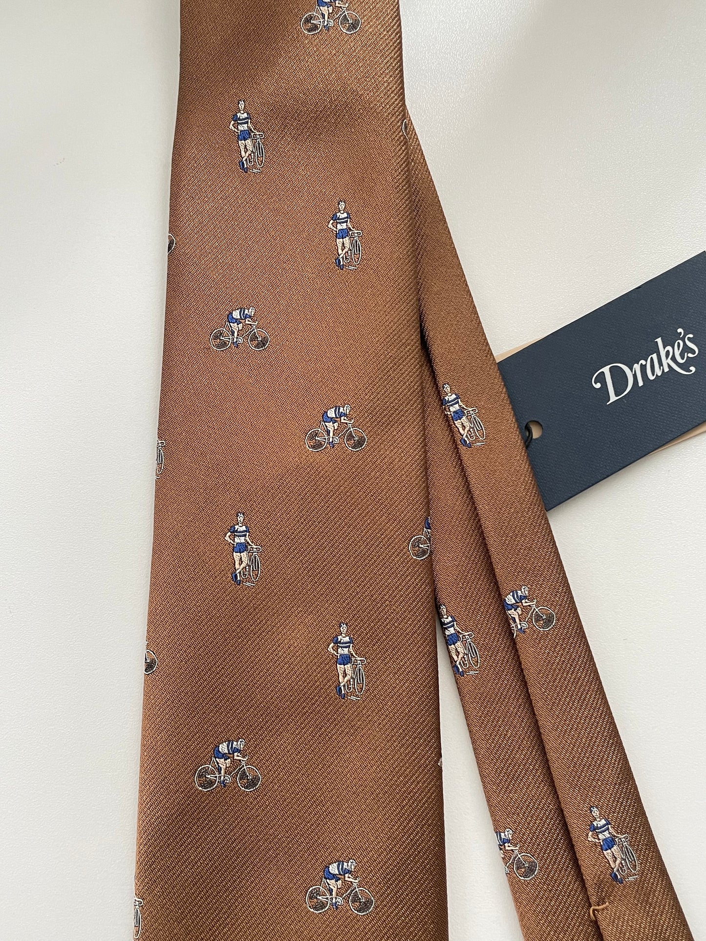 Limited Drakes Brown Tipped Silk Tie with Bike Cycling Motif Sports Collection