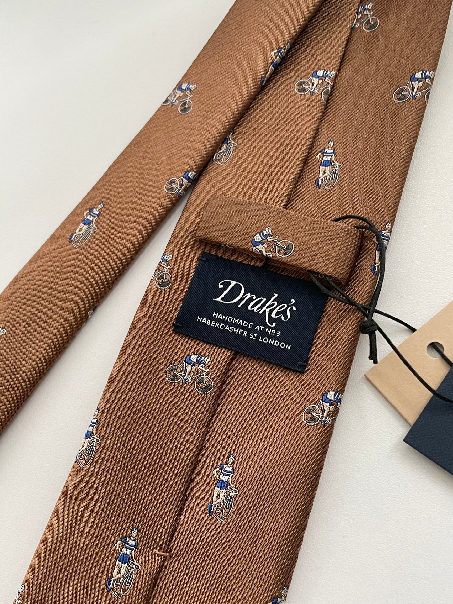 Limited Drakes Brown Tipped Silk Tie with Bike Cycling Motif Sports Collection