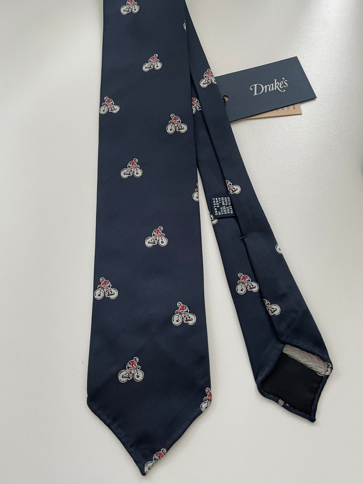 Limited Drakes Navy Hand-rolled Silk Tie with Bike Cycling Motif Sports Collection
