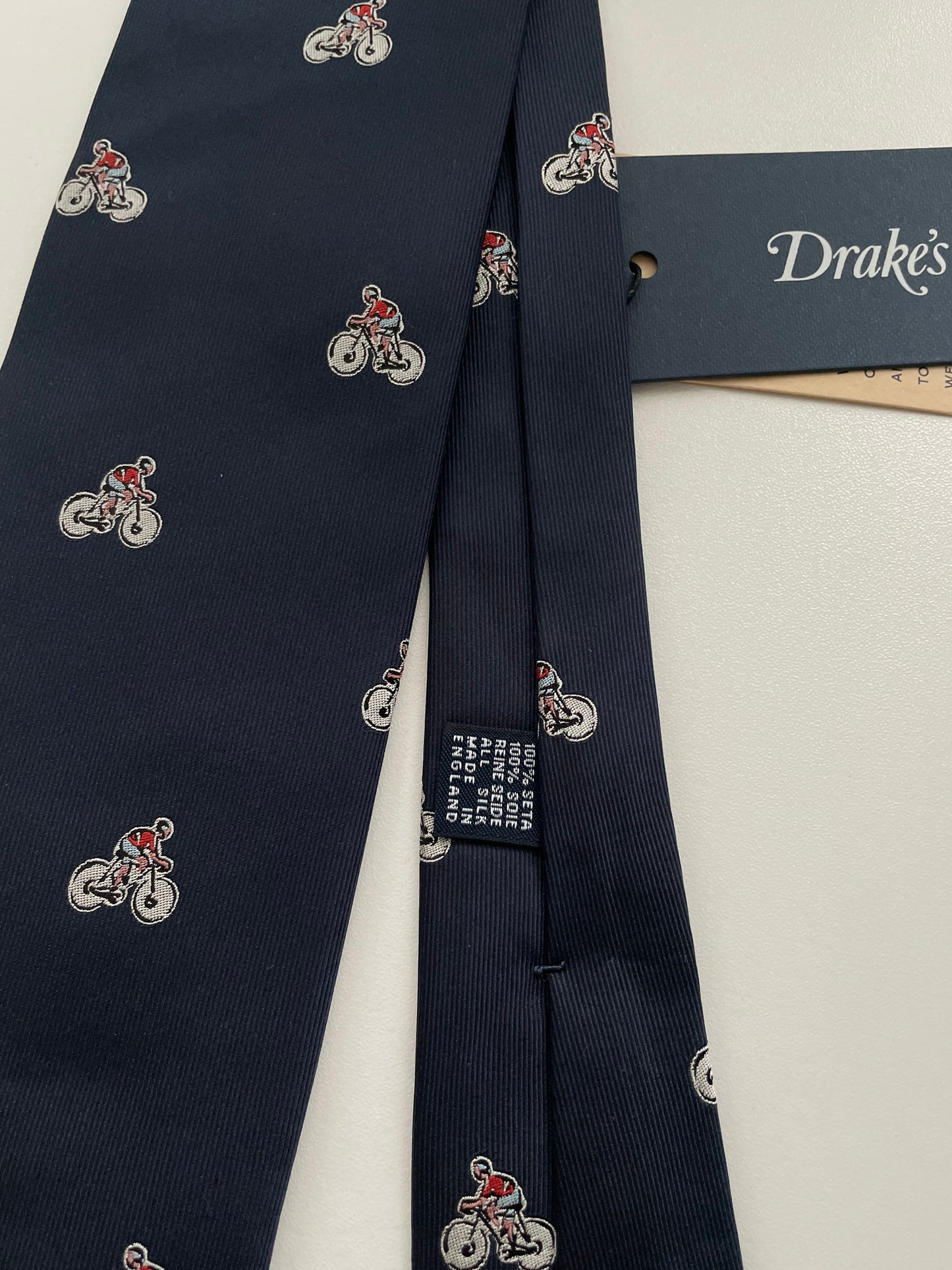 Limited Drakes Navy Hand-rolled Silk Tie with Bike Cycling Motif Sports Collection