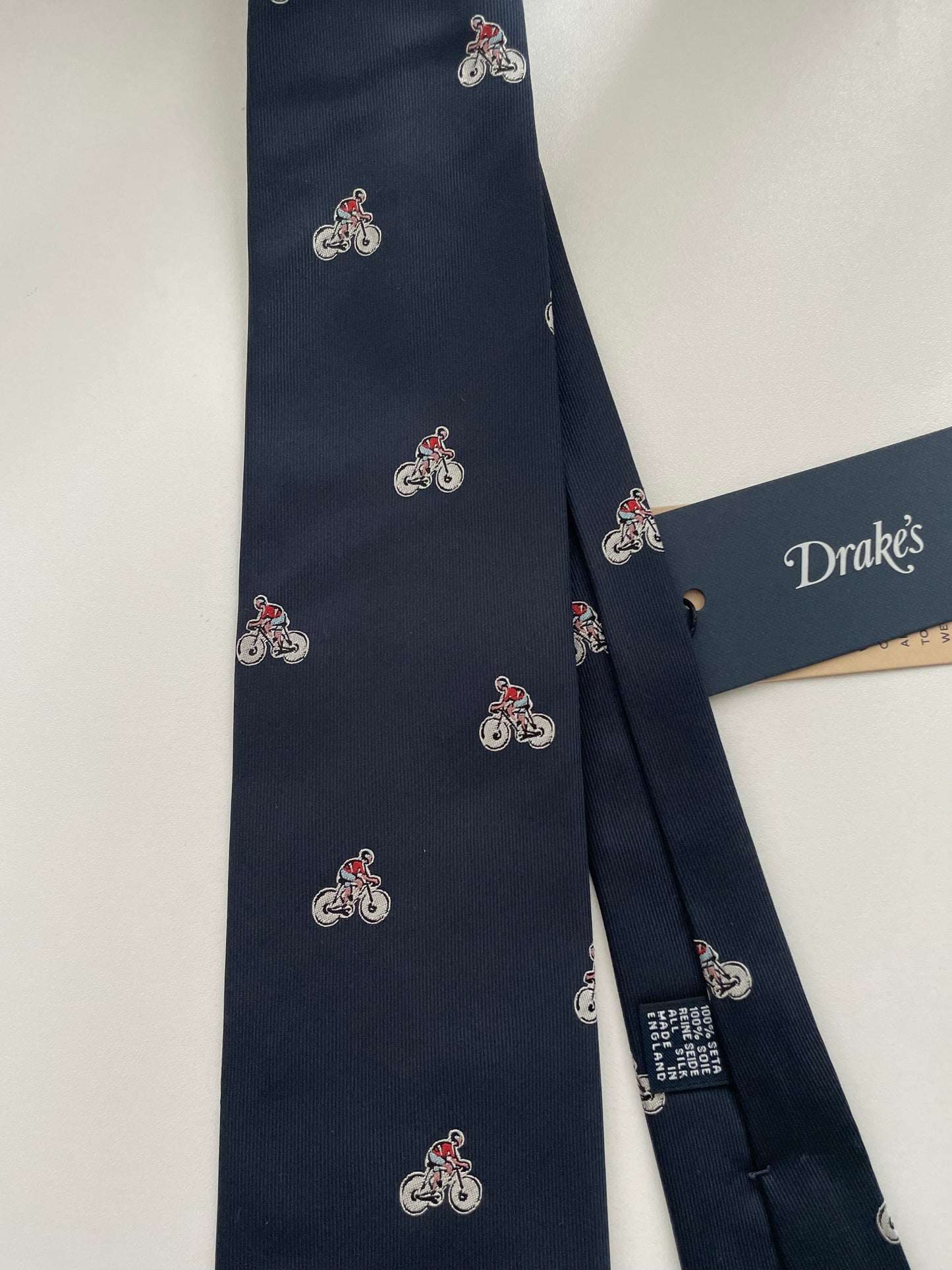 Limited Drakes Navy Hand-rolled Silk Tie with Bike Cycling Motif Sports Collection