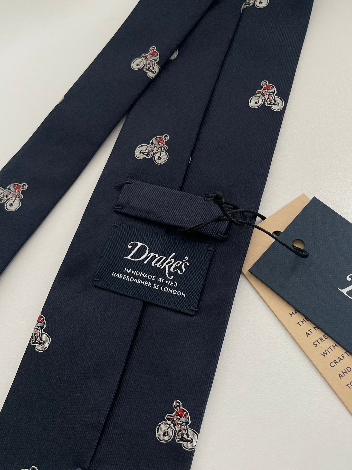 Limited Drakes Navy Hand-rolled Silk Tie with Bike Cycling Motif Sports Collection