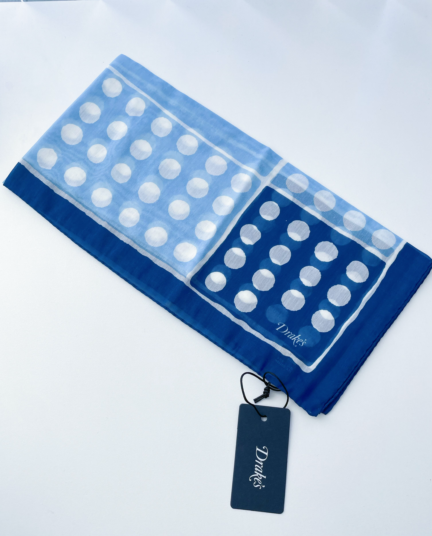 Drakes Blue Square Polka Dot Spot Print Cotton-Silk Bandana Limited Edition