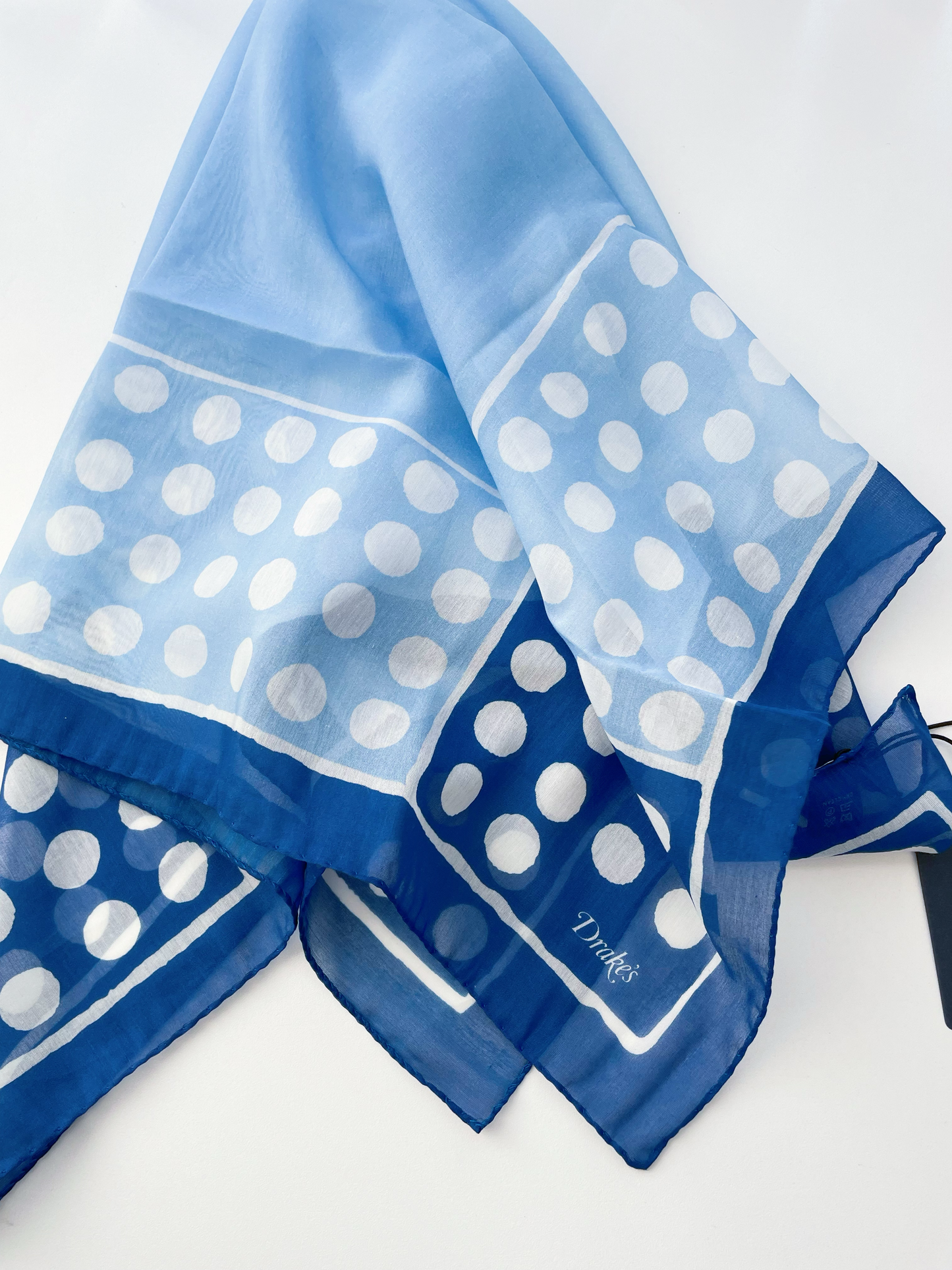 Drakes Blue Square Polka Dot Spot Print Cotton-Silk Bandana Limited Edition