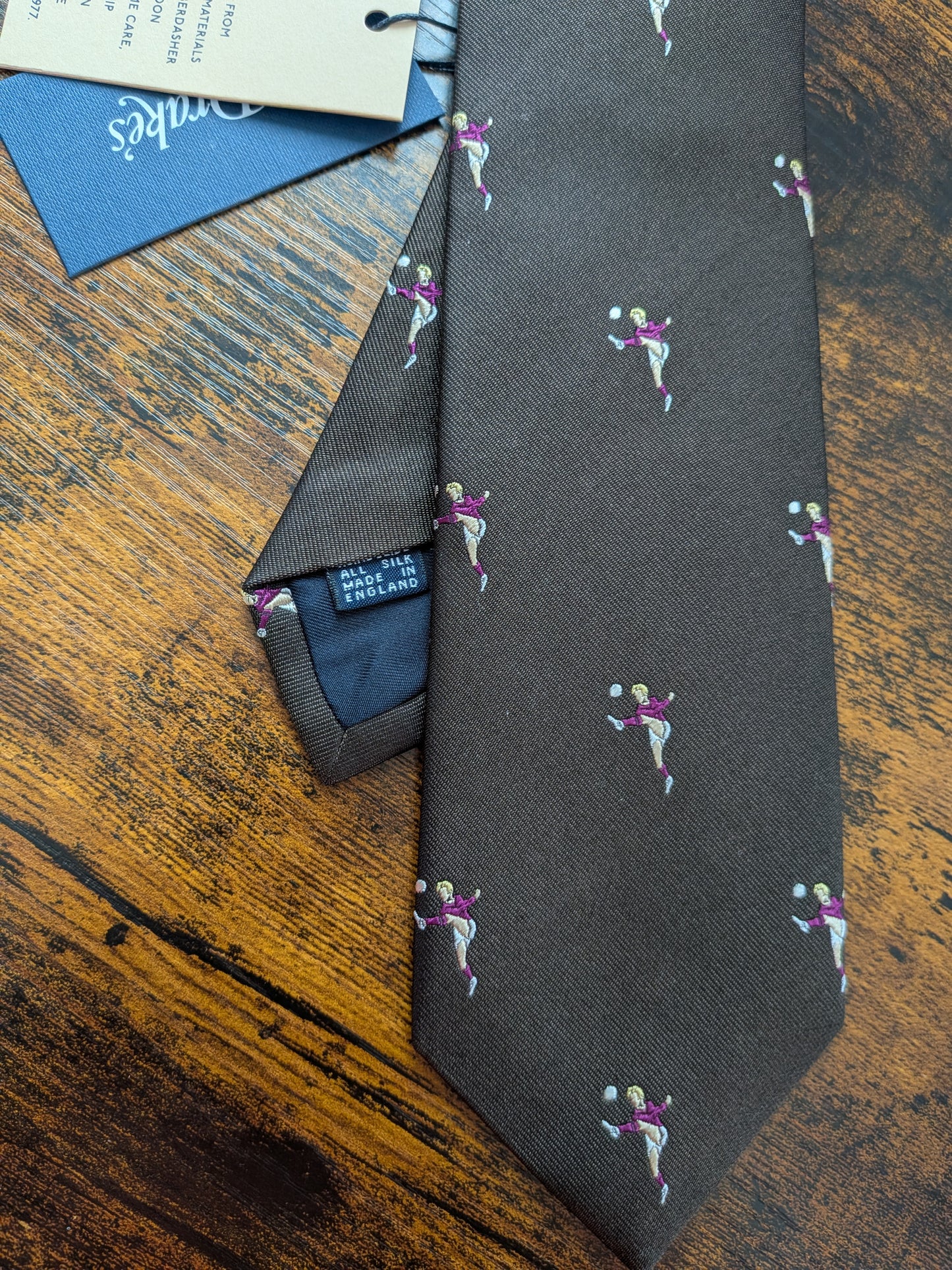 New Drakes Dark Brown Football  Motif Handmade Tipped Silk Tie With Tag Limited Edition