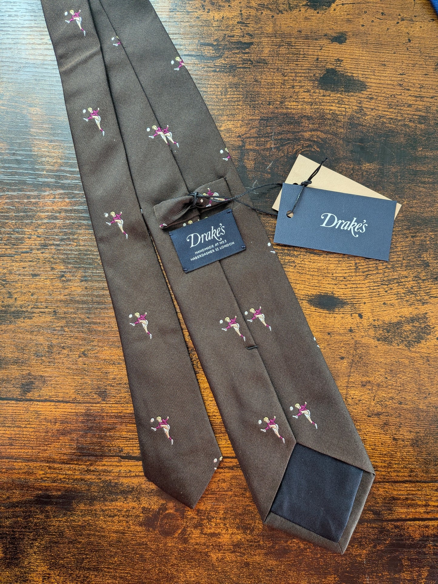 New Drakes Dark Brown Football  Motif Handmade Tipped Silk Tie With Tag Limited Edition