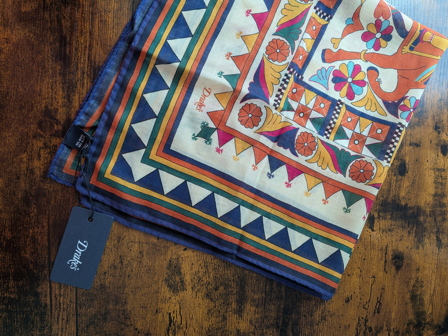 Drake's Orange Buddhist Rider Print Wool-Silk Bandana