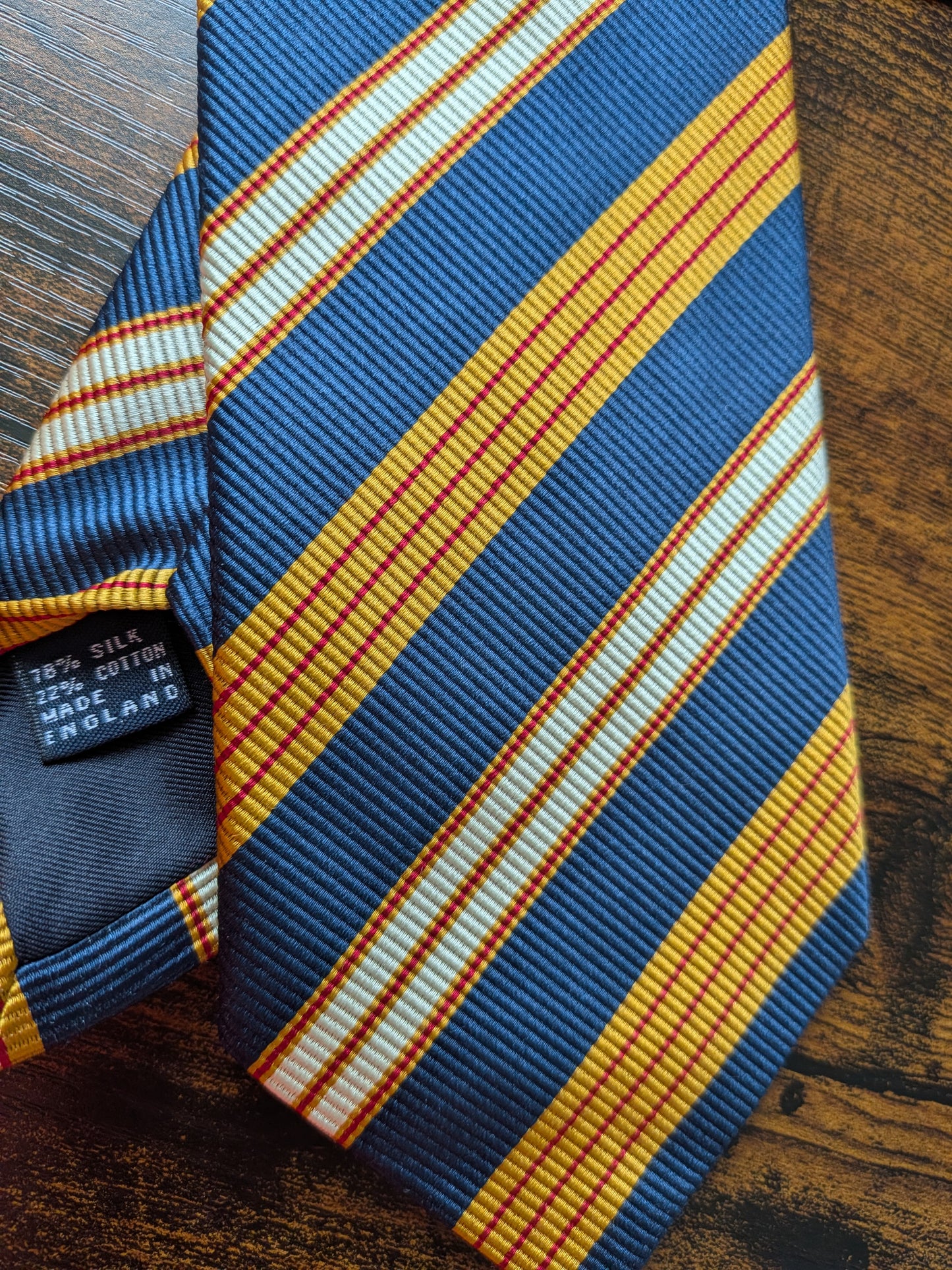 Drake's Yellow Navy Red Block Stripe Repp Silk Tipped Tie