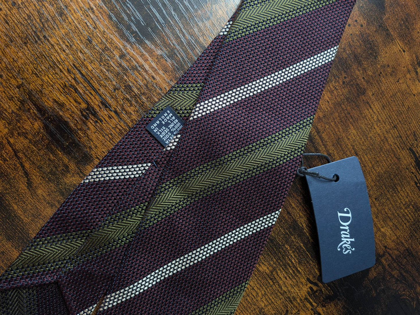 Drakes Purple Mastard White Handmade Striped Silk Tie With Tag