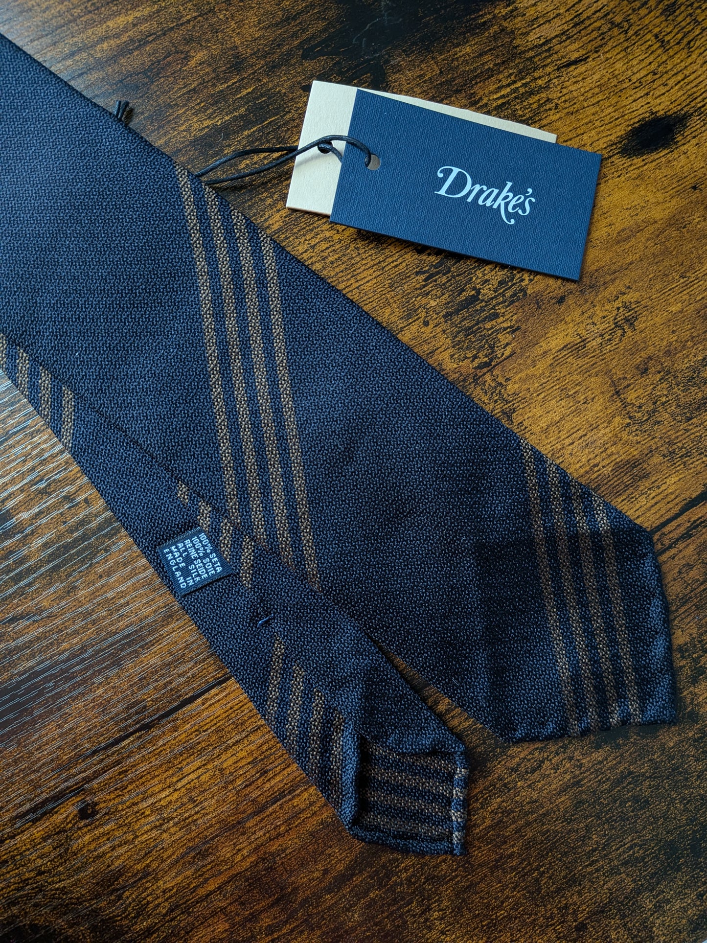 Drakes Black Brown Handmade Striped Silk Tie With Tag