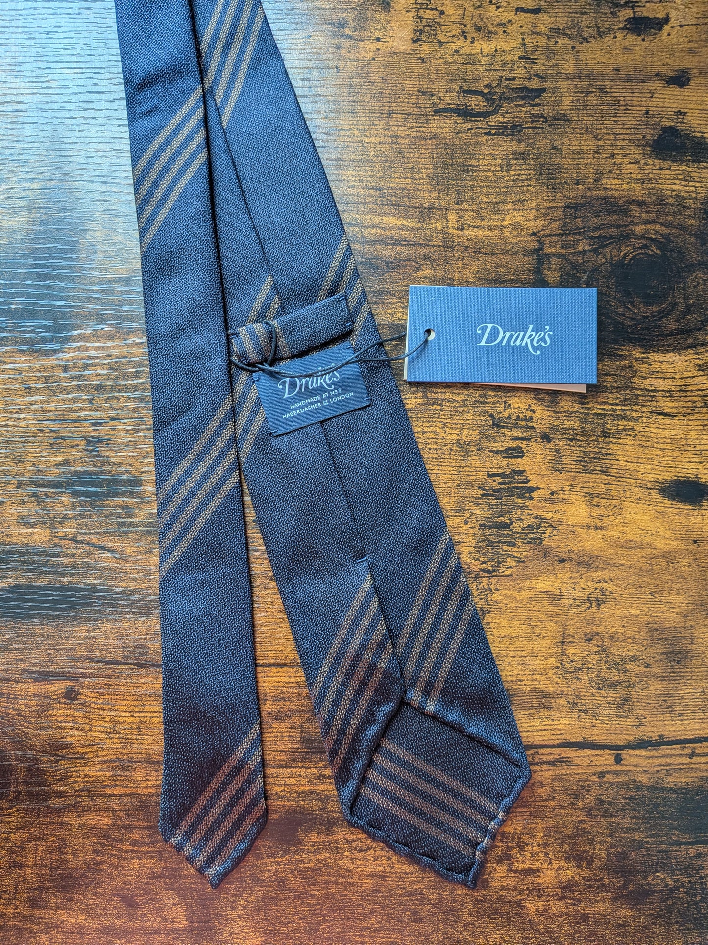 Drakes Black Brown Handmade Striped Silk Tie With Tag