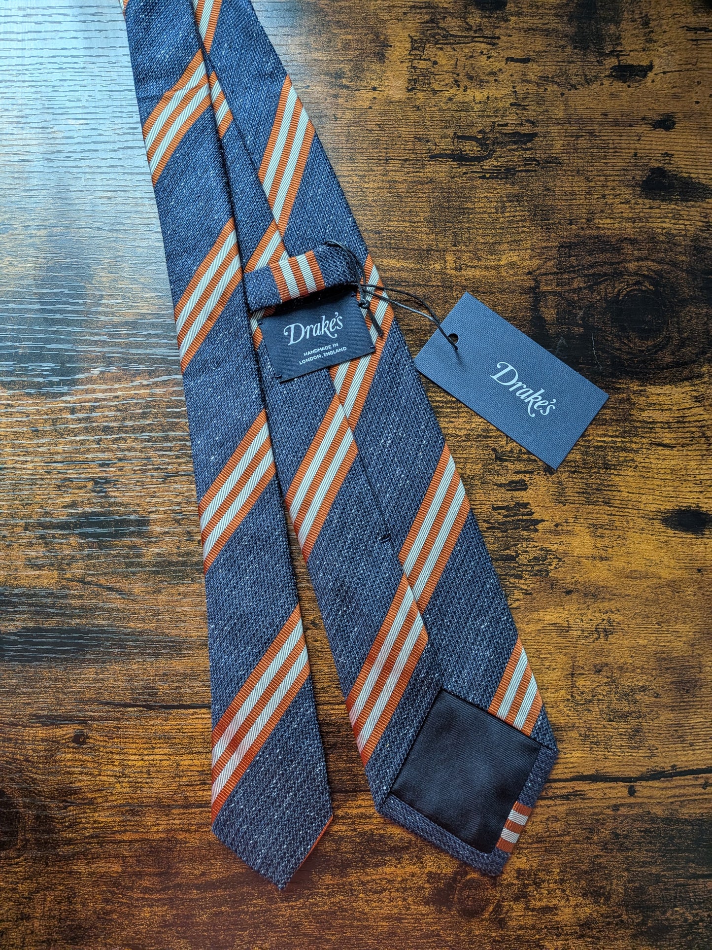 Drakes Blue Orange Ecru Handmade Striped Silk Tie With Tag