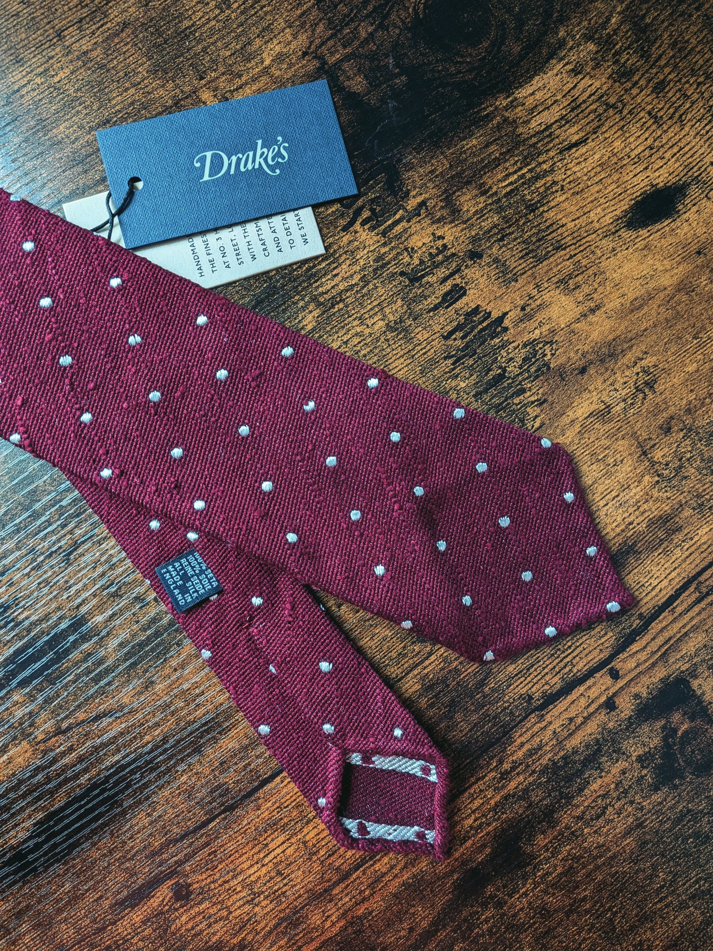 Drakes Burgundy Handmade Polka Dot Hand-rolled Silk Tie With Tag