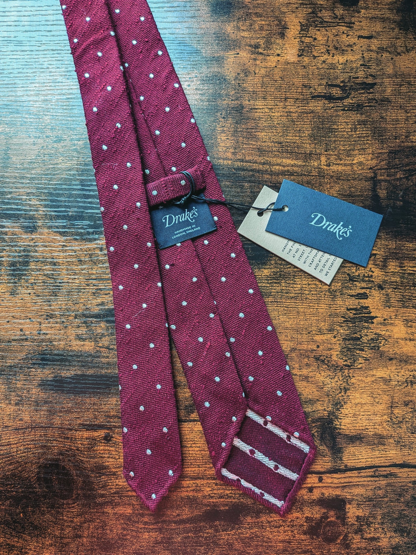 Drakes Burgundy Handmade Polka Dot Hand-rolled Silk Tie With Tag